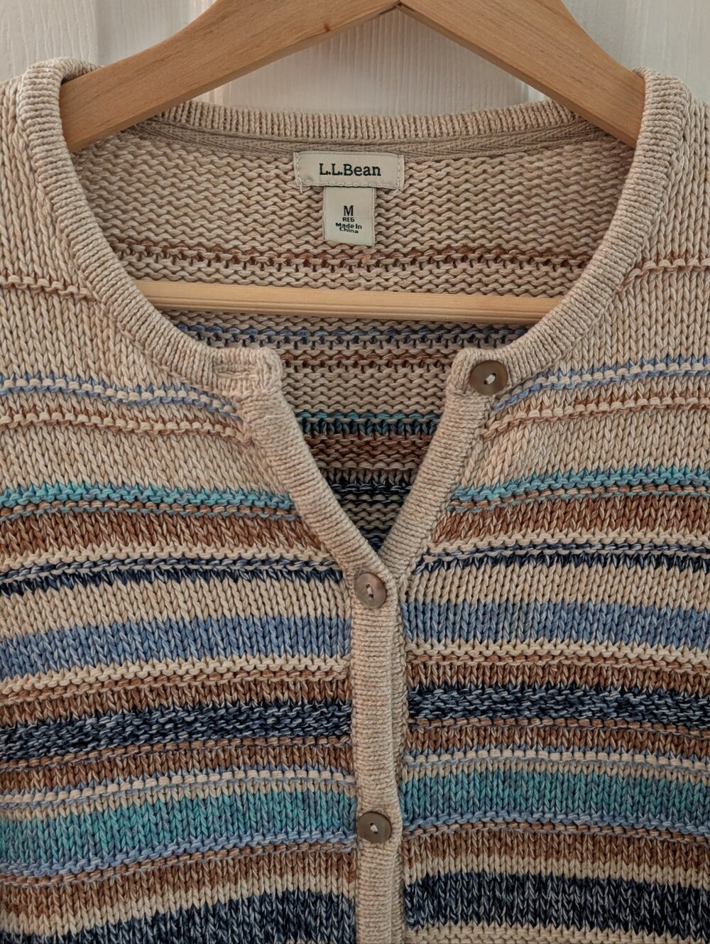 L.L. Bean Women’s Cream Striped Cotton Cardigan - Cottagecore